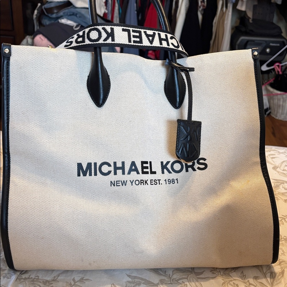 Michael Kors Cream Canvas Tote with Black Trim and Logo Strap